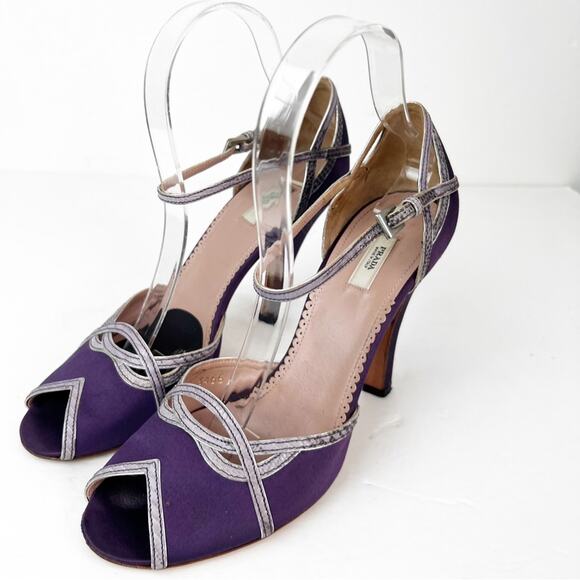 SZ 38 Prada Purple Satin Metallic Lined Heels - Picture 1 of 7